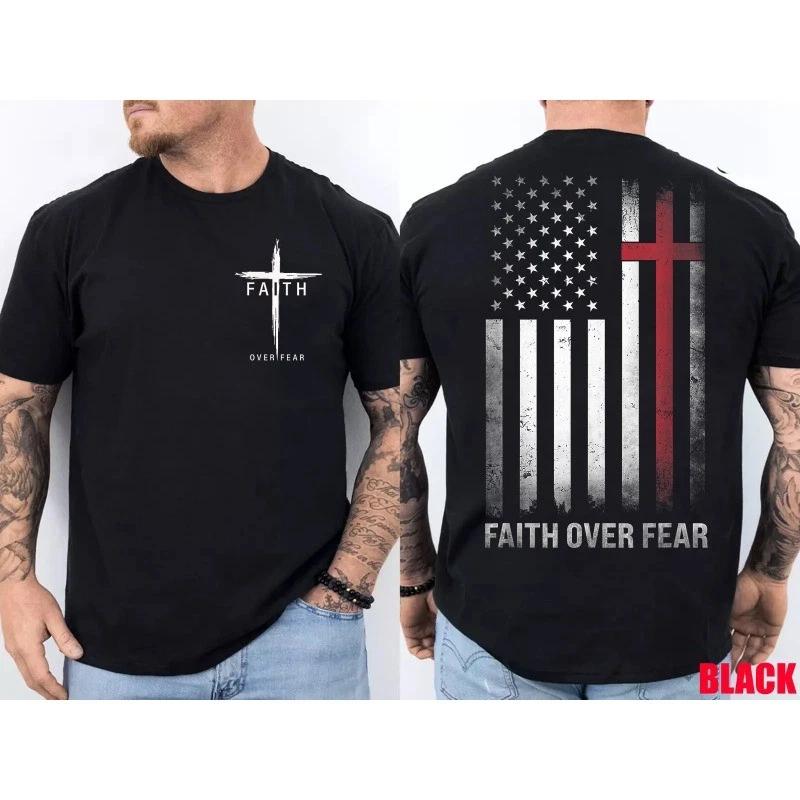 Faith Over Fear Cross Christian USA Flag American Jesus T-Shirt Double Sided XXXL