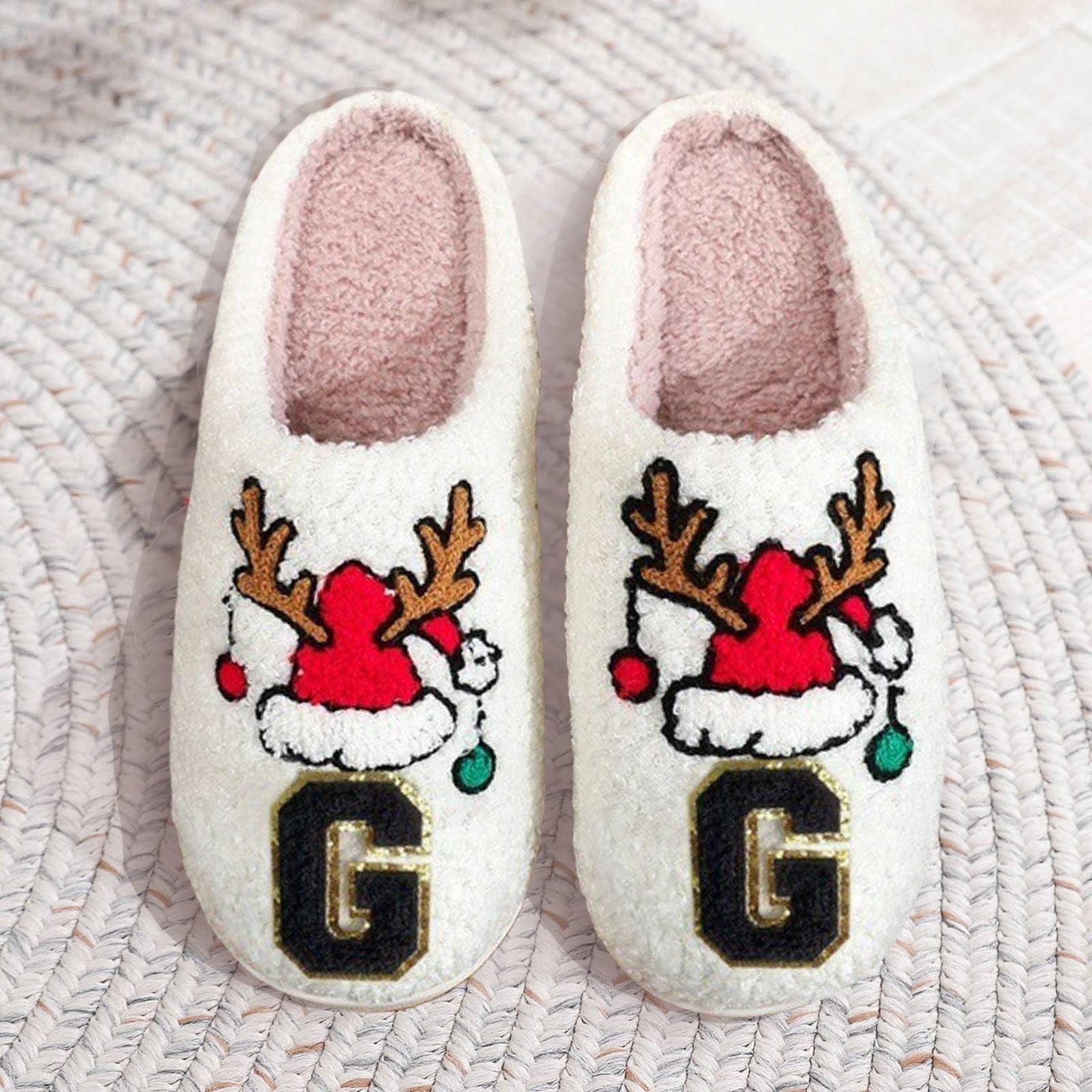 Christmas Gold Edged Letter Cotton Slippers For Women Christmas Hat Winter Warm Cotton Slippers Womens Cat Slippers 40