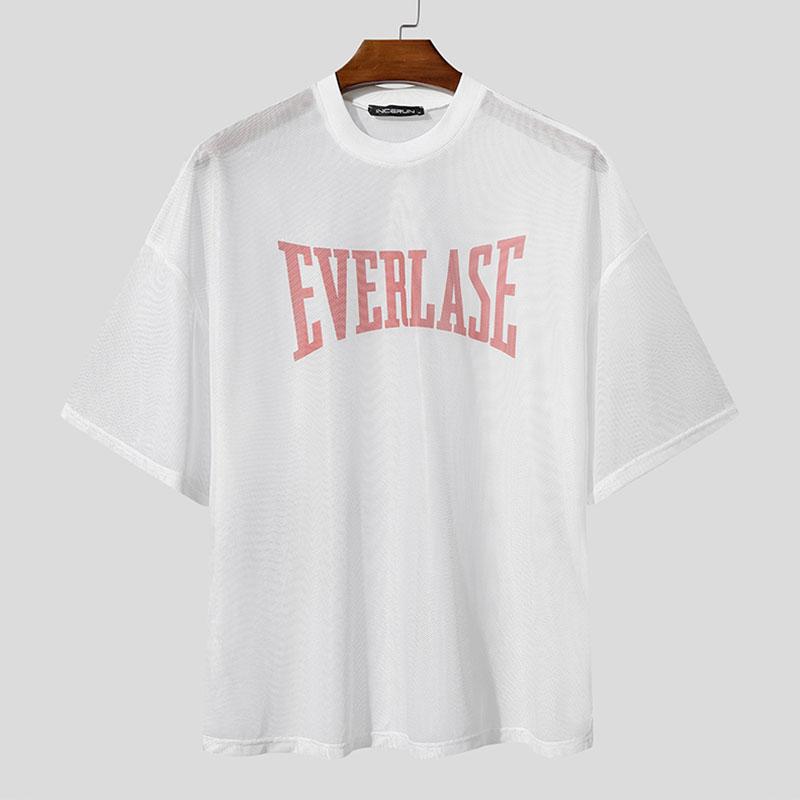 

INCERUN Men O Neck Half Sleeve Print Mesh Sheer Casual Tops Fishnet T-Shirts S белый