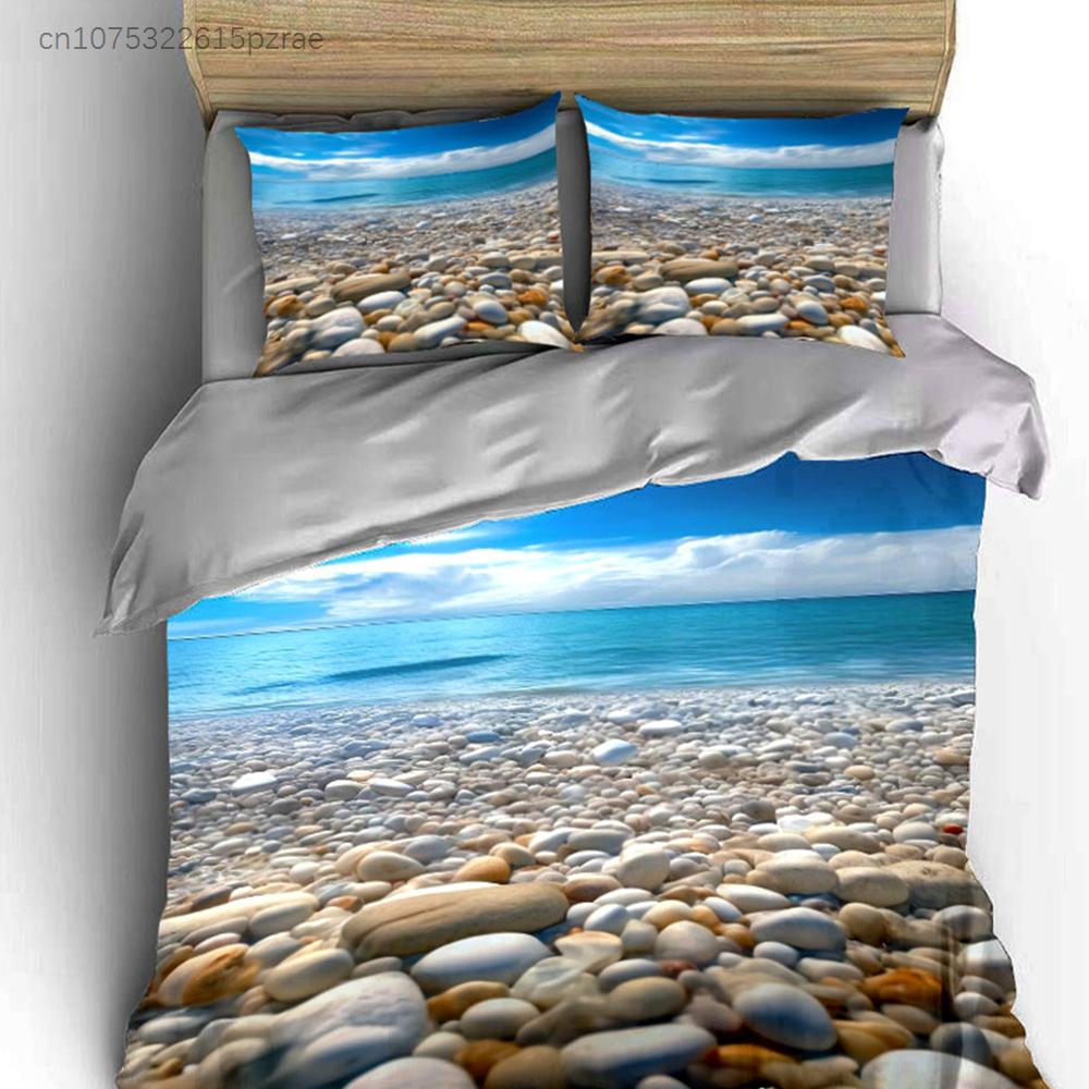 3Pcs Tropical Pebble Beach Bedding Set, Blue Sky And Sea Print Duvet Cover + 2 Pillowcases, Serene Coastal Pattern For Bedroom