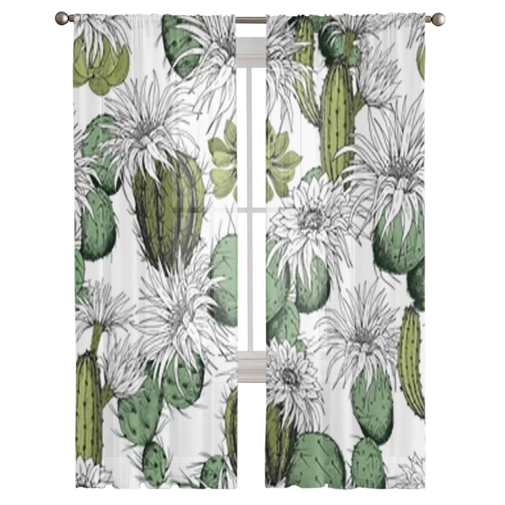 Green Cactus And White Flowers Sheer Curtains Bedroom Voile Curtain Living Room Window Sheer Curtains Kitchen Tulle Drapes