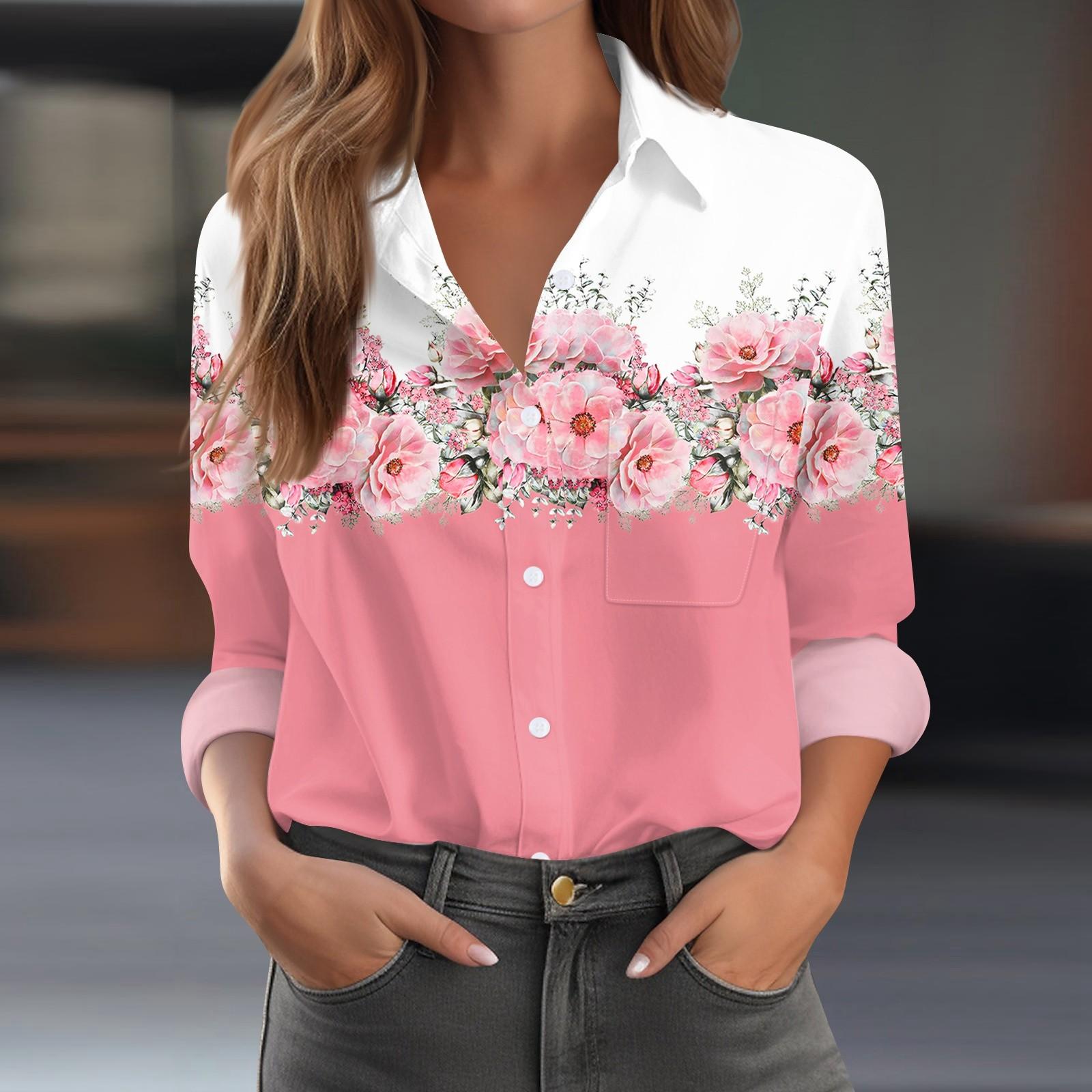 

Женская рубашка блузка с принтом на пуговицах с длинным рукавом повседневная базовая с воротником обычный топ с карманами XL розовый