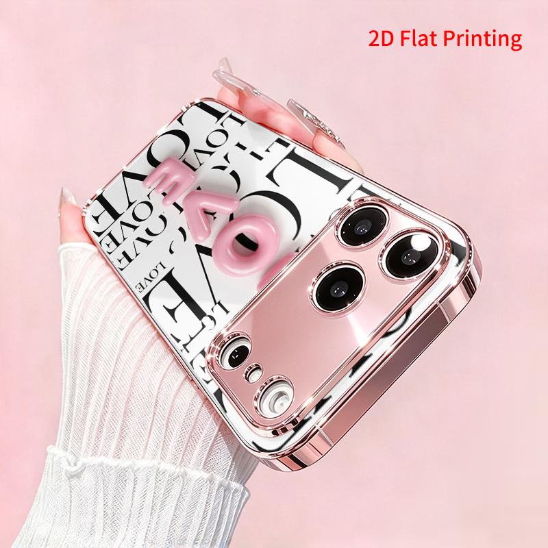 2DFlat electroplated tempered glass phone case,Pink 3D Love Letters on White Background,suitable for iPhone 18 Pro Max 17 16 15 14 13 12 11