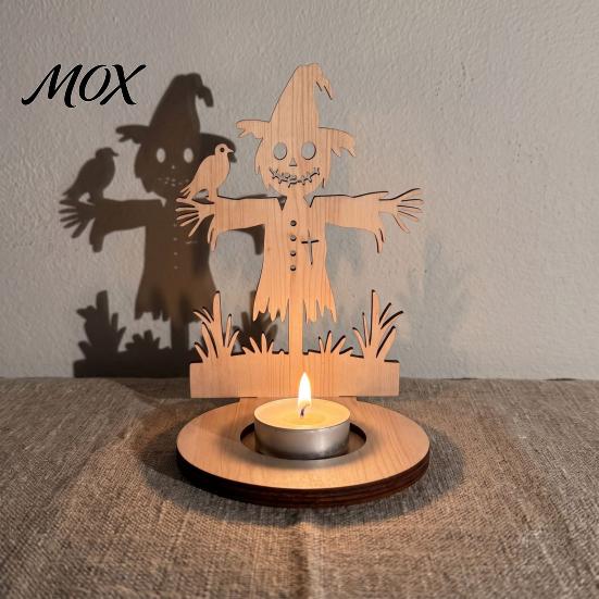 Halloween Candle Holder Wooden Holder, Silhouette Ghost/Bat/Scarecrow/Bat Natural Wood Tealight Stand for Home Table Fireplace Decor Fall Festival