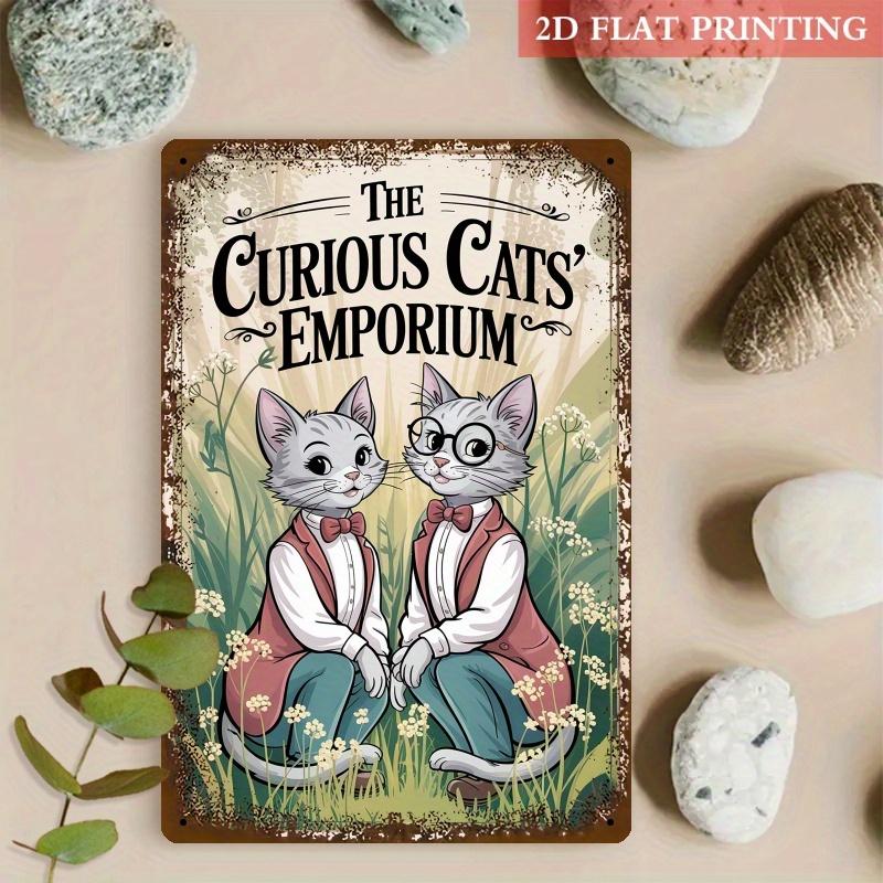 1pc Curious Cats Emporium Metal Sign - 8x12 Inch Iron Wall Decor with Whimsical Garden Design, Vintage-Inspired Cat Illustration