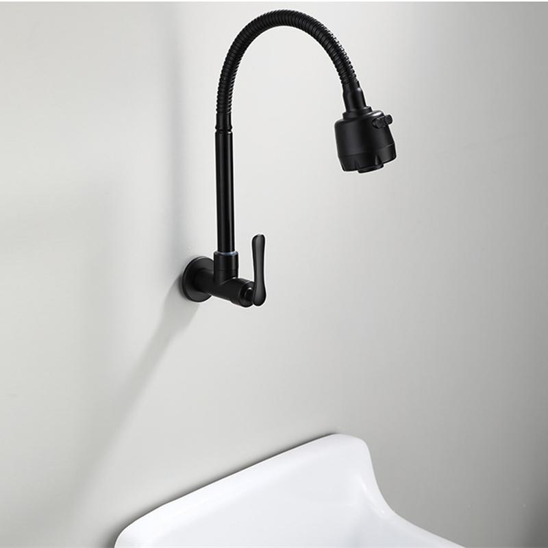Bateria kuchenna pojedyncza zimna woda czarna montowana na ścianie elastyczna bateria ze stali nierdzewnej gwint G1/2' krany zlewozmywakowe