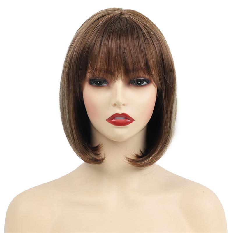 Synthetic Mix Brown Bob Wig Short Wig for Women Natural Style Soft Hair with Bangs Cosplay Halloween Party Heat Resistant Fiber