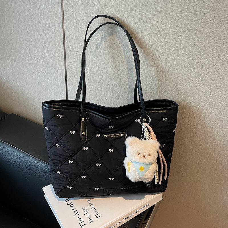 Bow Cotton Clothes Bag Large Capacity Women's Small Fresh Shoulder Bag Portable Embroidery Commuter Tote Bag New