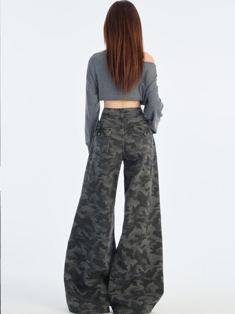 American-Style High-Waist Camo Jeans: Women's Wide-Leg, Slimming, Loose-Fit Pants for Spring 2025
