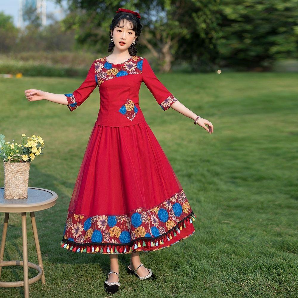 

Костюм с принтом в китайском этническом стиле, топ Cheongsam и сетчатая юбка с бахромой, женский комплект из двух предметов XL красный