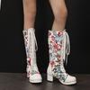 Women Boots Winter Lace-up Round Toe Knee High Boots Square High Heels Fashion Floral Embroidery High Top Women's Boots WSH5012