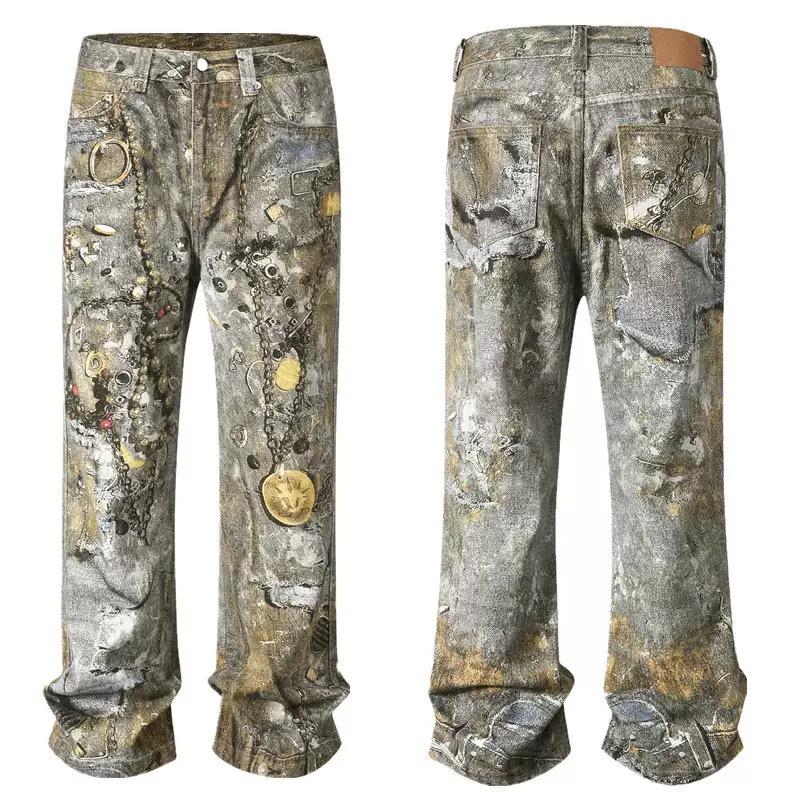 RogueWave High Street Straight Washed Dirty Ripped Blue Jeans Pants for Men Vintage Casual Loose Denim Trousers Frayed Patchwork Cargos
