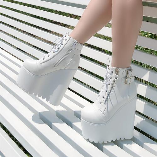Fashion 16CM Wholesale Autumn Ankle Boots For Women Motorcycle Boots Chunky Heels Casual Lacing Round Toe Platform Boots Shoes Female