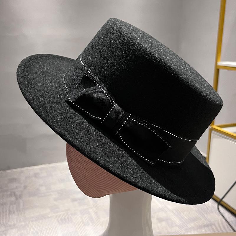 Fashion New Woolen Flat Hat Bow Decoration Personalized Elegant Top Hat Jazz Hat Versatile British Style Hat