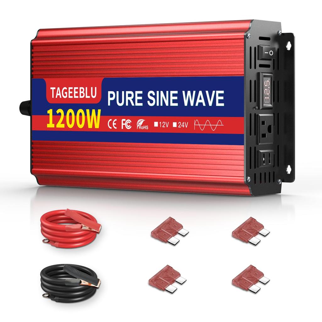 TAGEEBLU 1200W 24V Sine Wave 24V DC to 100V AC Car for Emergency Emergency Car and Campers Inverter, Inverter, 50/60Hz Switchable, Power,