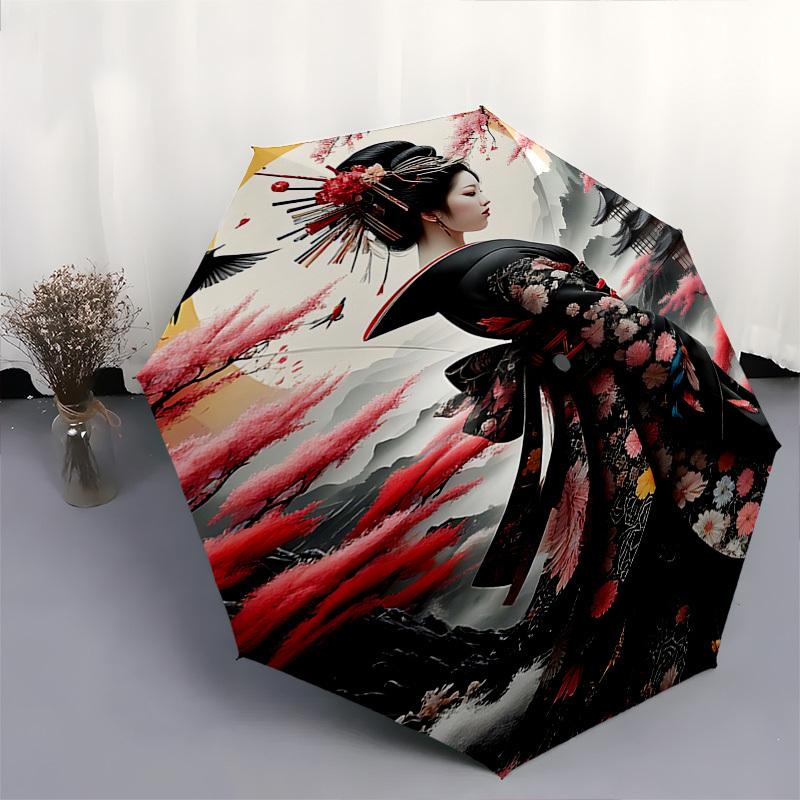 Geisha. Cherry Blossom Themed Automatic Opening and Closing Umbrella, Brightly Colored 8 rib Portable Umbrella, Suitable for Men and Women,