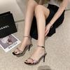 One-word buckle sandals women's 2025 summer new square head beautiful rhinestone straps sexy silver stiletto high heels women