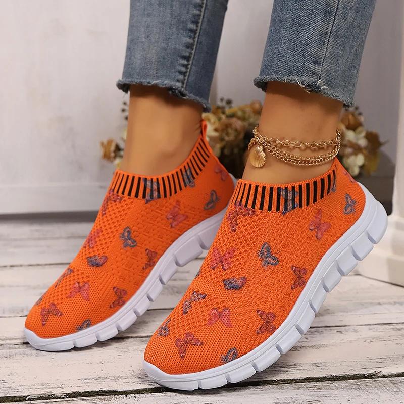 Women's Knitting Casual Sneakers Fashion Butterfly Print Soft Sole Running Shoes Woman Lightweight Breathable Flat Trainers 2025