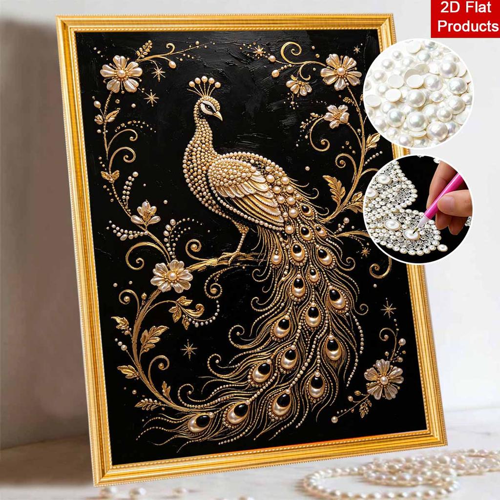 This pearl painting kit features 5D gold peacock pearls and a mosaic art style. designed for elegant home wall decoration.