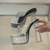 Summer Fashion Silver CRYSTAL PVC Transparent Platform Slippers Women Open Toe Square Heel Sandals Dance Ladies Shoes