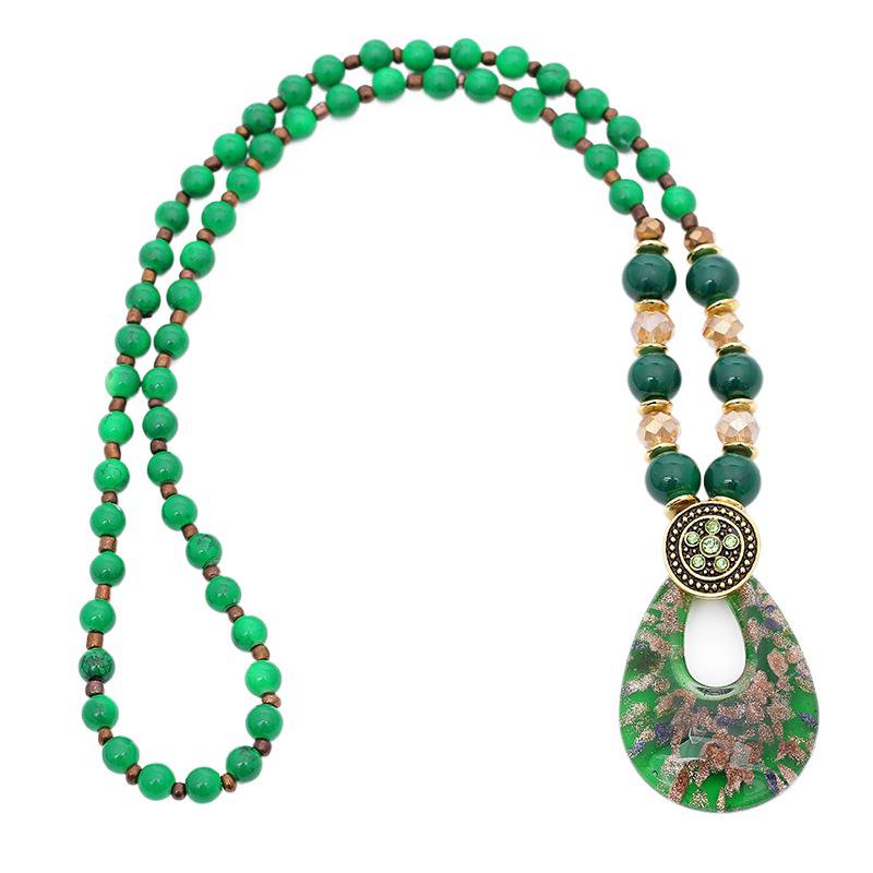 Ethnic Red Beaded Necklace with Teardrop Pendant On Sweater Chain