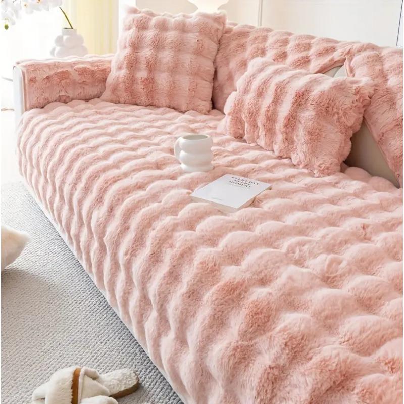Подушка для дивана из искусственного плюша с кроликом, теплая зимой, толстый плюш, нежный и мягкий - подходит для защиты мебели в гостиных и спальнях 70*70CM розовый