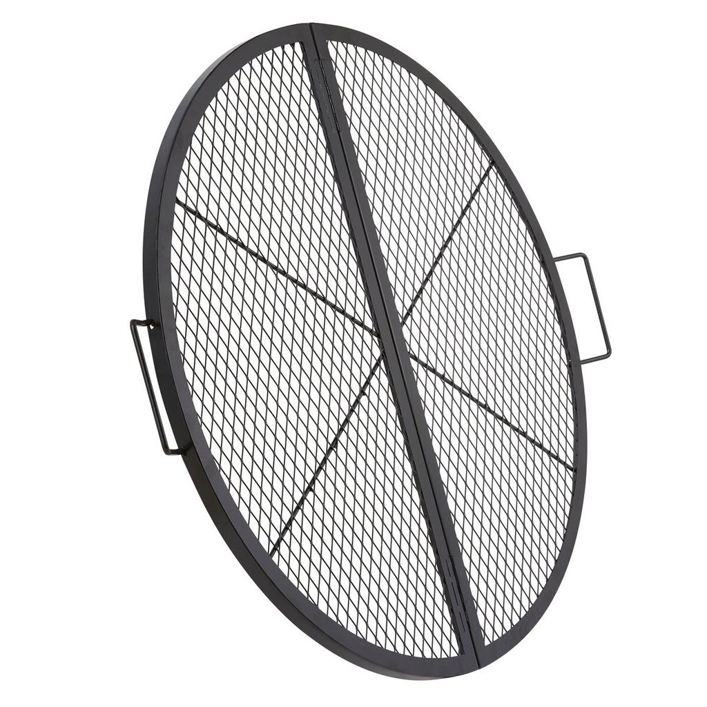 X-Marks Fire Pit Grill Grate, Foldable Round Cooking Grate, Heavy Duty Steel Campfire BBQ Grill Grid with Handle and Support X Wire, Portable Camping