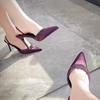 One-word Satin Sandals Half-drag Sandals Women's Autumn New Pointed Purple Thin Heel High Heel Light Mouth Rhinestones