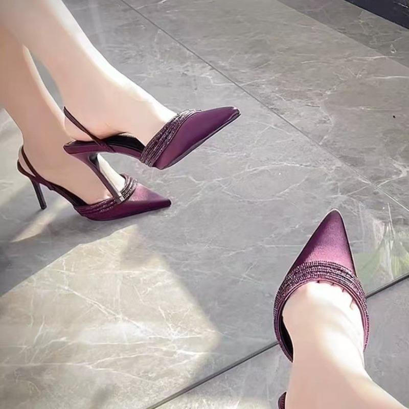 One-word Satin Sandals Half-drag Sandals Women's Autumn New Pointed Purple Thin Heel High Heel Light Mouth Rhinestones