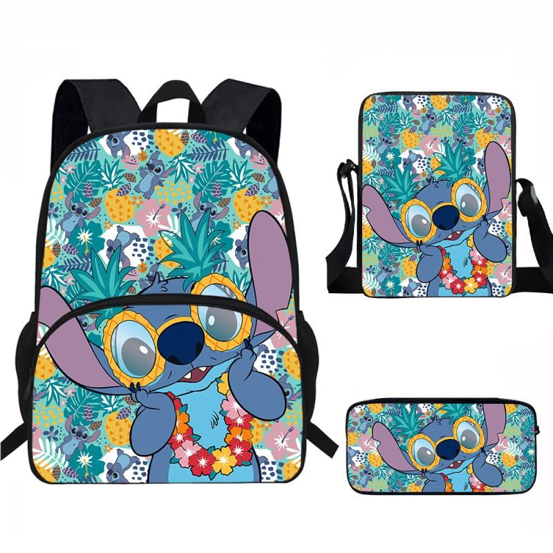 Stitch Kids School Backpack Set Elementary Students Oxford Fabric Ergonomic Design Printed Cartoon 3-Piece Bundle