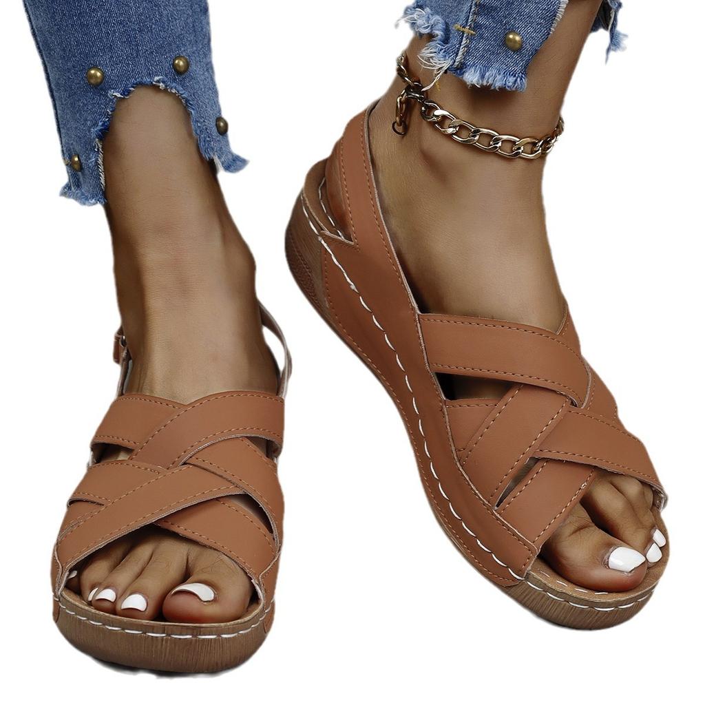 Plus Size New Summer Wedge Sandals Platform Buckle Fish Mouth Sandals Solid Color Wedge Sandals