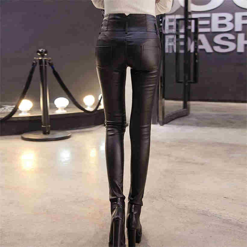 Fall/winter Female Warm Pants PU Leather Velvet Trousers Elastic High Waist Pencil Tight Pants
