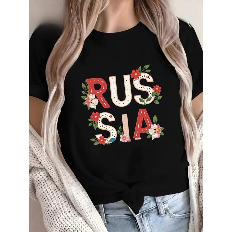 

European sizes Women s Black Russia-Themed T-Shirt Short Sleeve Shirt with Cyrillic Script Print, Casual Round Neck Top for Culture Apparel S чёрный
