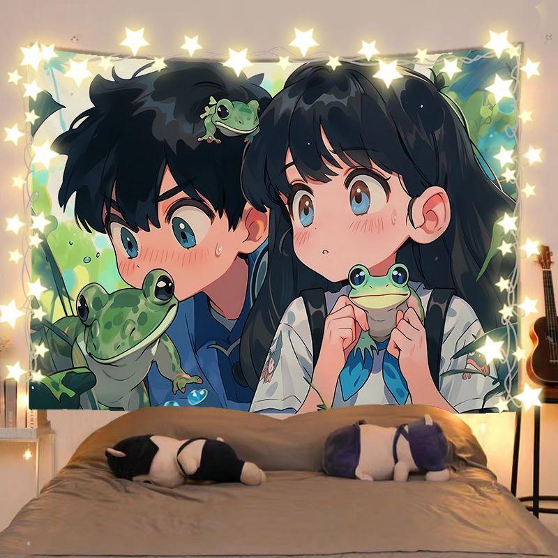 VIKAMA Forest Frog Campus Couple Tapestry Fresh Anime Girl Background Buns Dormitory Decoration Tapestry Room Decoration