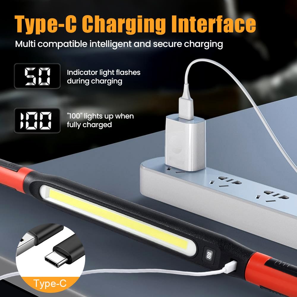 Rechargeable LED Mechanic Work Light with Hook COB Magnetic Base 360° Swivel Flashlight for Car Repair Emergency Lamp 4 Modes