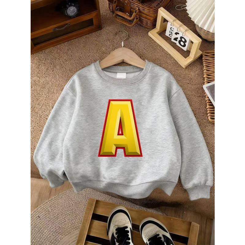 Kids Unisex Pink Crewneck Sweatshirt, 3D Golden Letter A With Red Border Print Long Sleeve Pullover, Soft Sweatshirt for Boys Girls Over 4 Years Old