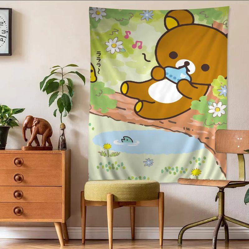 Rilakkuma Tapestry Cute Brown Bear Forest Pond Daisy Cartoon Kawaii Pastel Aesthetic Bedroom Dorm Home Decor