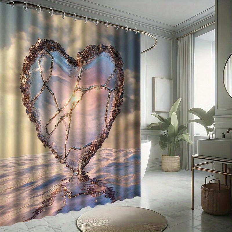 Heart Printed Shower Curtain Set - Ocean Background, 12 Hooks, Waterproof Polyester, Bathtub Partition, Modern Bathroom Decor