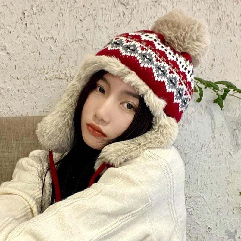 Winter Warm Cute Pom-pom Earflap Beanie Hat For Women High Top Short Brim Knit Ear Warmer Cap Trendy Red
