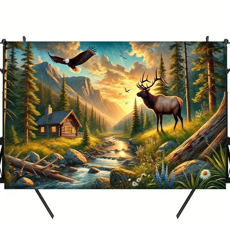 1 piece Natural Forest Deer Stream polyester photo backdrop party banner flag birthday supplies.PMJ