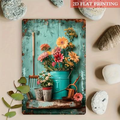 Panneau décoratif vintage en métal, style 2D, représentant des pots de fleurs plats. Idéal pour une salle de sport, un café, un garage ou une maison. Convient également pour un restaurant, une chambre, un jardin forestier ou un mur.