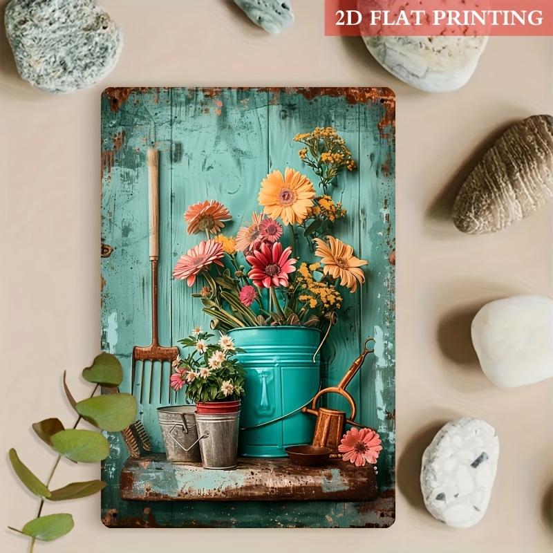 2D Flat, 2D Flat Flower Pots Vintage Metal Tin Sign, Gym Cafe Garage Tin Painting, Restaurant Home Bedroom Forest Garden Wall In