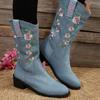 Flower Embroider Mid Calf Cowboy Boots Women  Autumn Chunky Heels Western Boots Woman Plus Size Pointed Toe Denim Long Boots