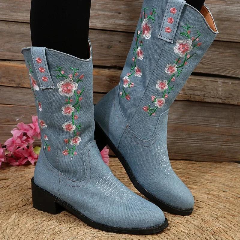 Flower Embroider Mid Calf Cowboy Boots Women Autumn Chunky Heels Western Boots Woman Plus Size Pointed Toe Denim Long Boots