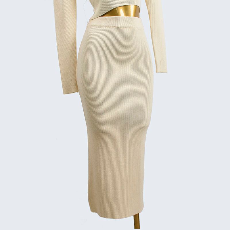 Thick Round Neck Bubble Long Sleeve Short Bottoming Shirt Elastic Waist Mid Length Long Length Solid Color Rib Fabric Back Slit Two-piece Set Pack