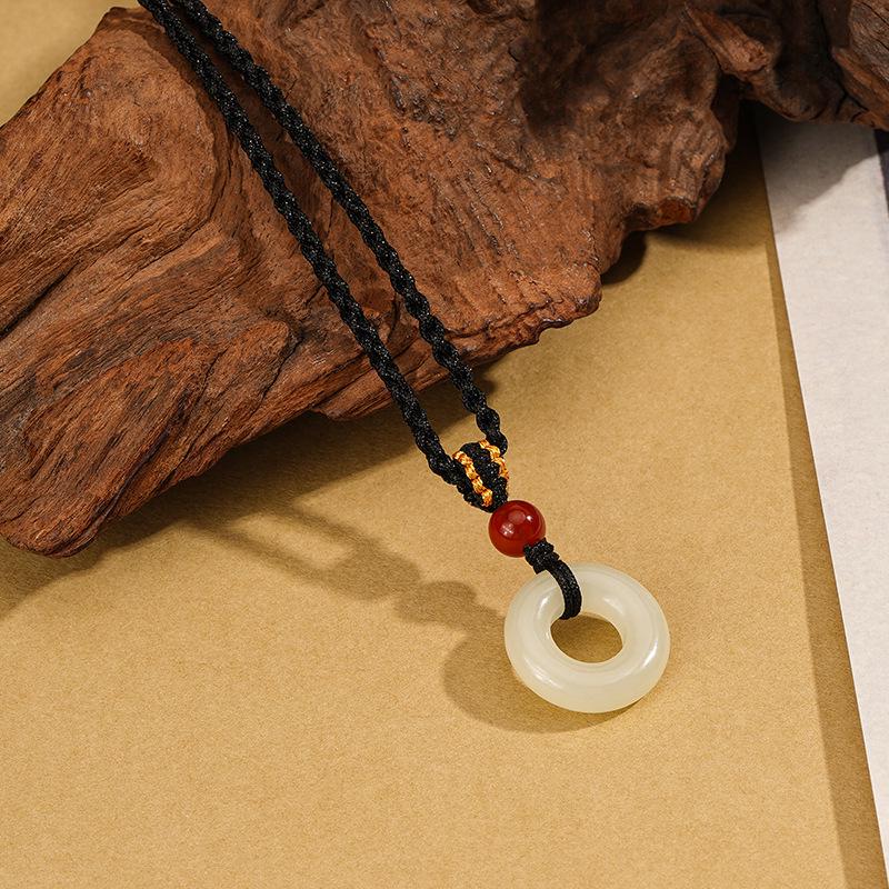 Tichiya Unisex Natural Hetian Jade Ping’an Buckle Necklace - New Chinese Style with Simple Woven Black Rope