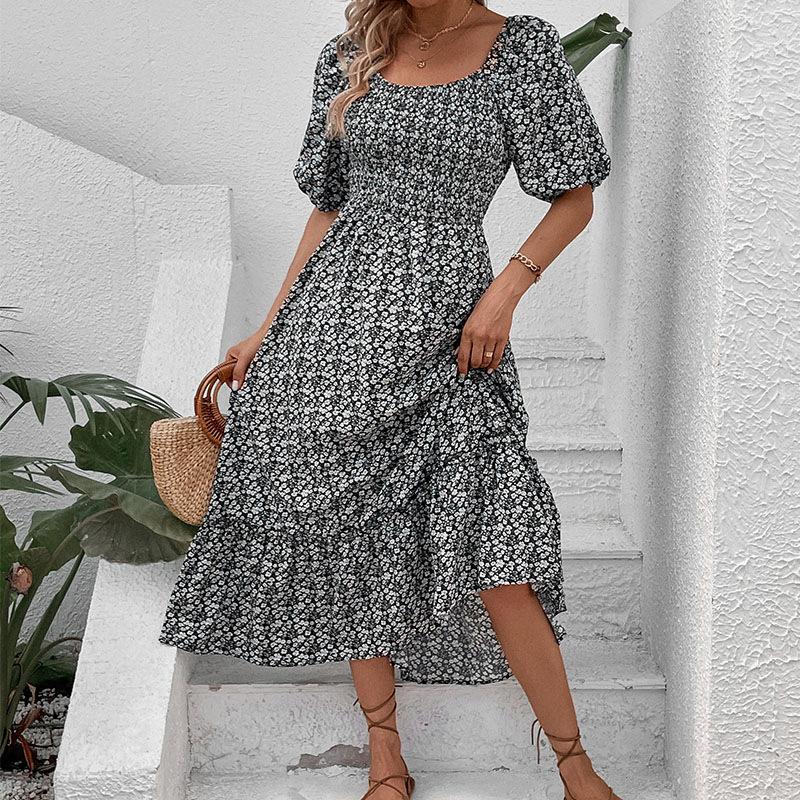 Robe longue à fleurs Vintage pour femmes, Sexy, dos nu, col carré, manches courtes, été