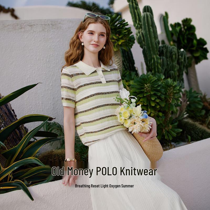 Women's Striped Polo Knit Short-Sleeve Top