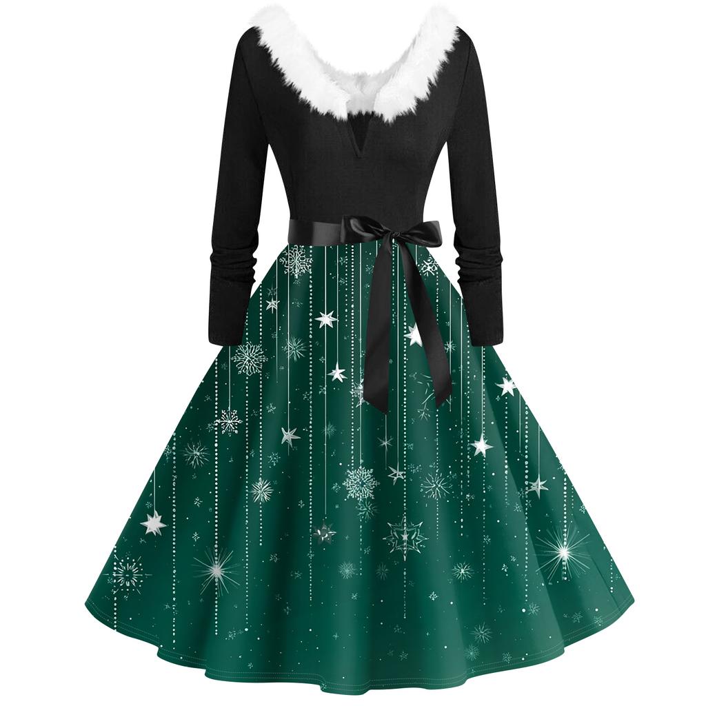 Women's Fashion V-Neck Casual Slim Christmas Printed Long Sleeve Hair Collar Dresses
