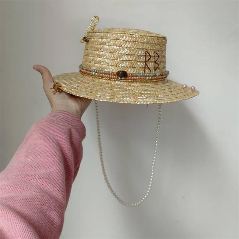 Classic Straw Hat Handmade Design Hat Pearl Chain Summer Sun Hat New Letter Hat Beach Women Gorras Para Hombres